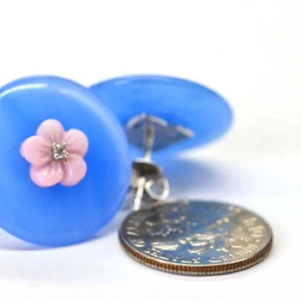 .925 Blue Jade Flower Stud Earrings floral Stud Sterling silver post earrings - Picture 7 of 9